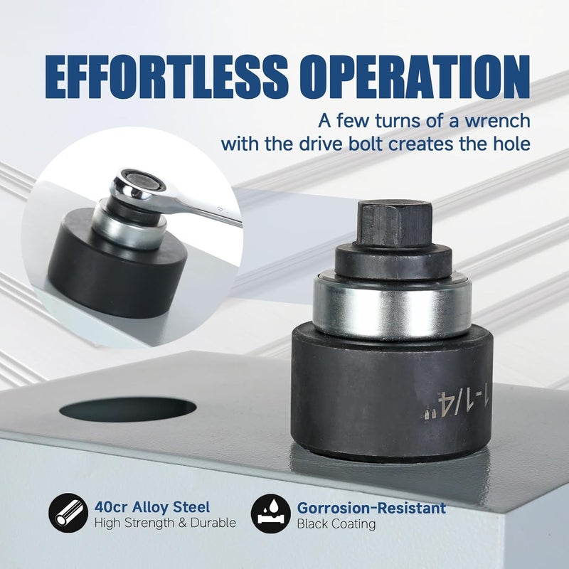 ZUVER Manual Knockout Punch Kit, with 4 Blackened Dies 1/2", 3/4", 1", 1-1/4" Heavy Duty KO Hole Punch Driver and Cutter Set for Electrical Conduit and Metal Sheet - Image 4